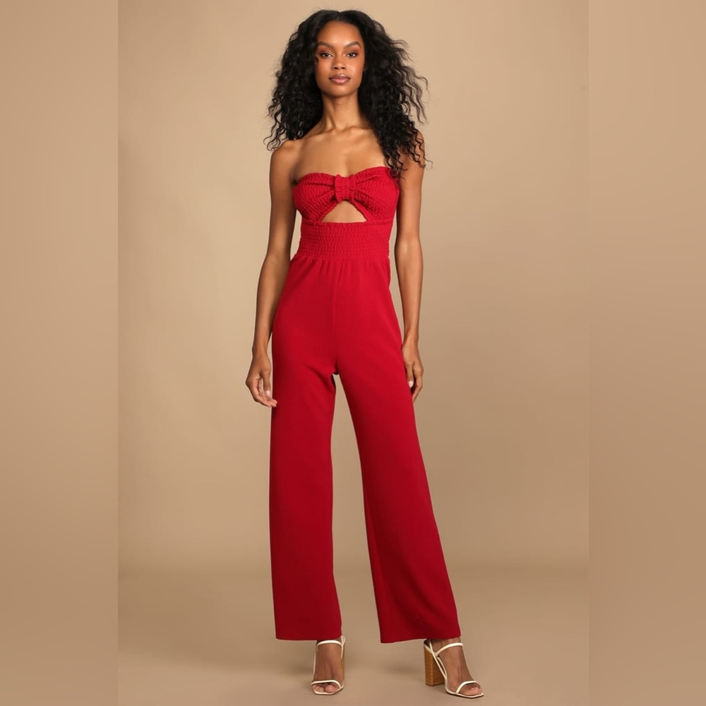 Lulu’s Bow Up Brick Red Smocked Strapless Wide-Leg Jumpsuit